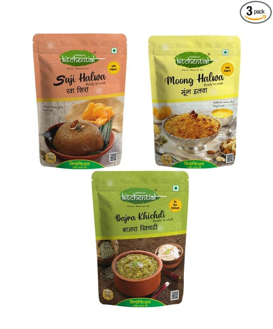 Three packaged food items labeled Bajra Khichdi, Moong Halwa with Jaggery, and Suji Halwa with Jaggery, indicating a combo pack of instant cooked meals.
