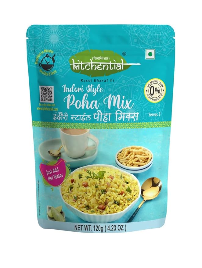 Kitchential Indori Style Poha Mix | Tasty & Instant Poha Breakfast | Ready To Eat | Quick & Delicious Meal | Perfect For Busy Mornings | Authentic Indori Taste | (120 gm Pack)